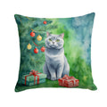 British Shorthair Cat By the Christmas Tree Decorative Throw Pillow 18x18 Indoor Outdoor Accent Cushion, Fabric Cover with Insert for Sofa, Bed, Porch & Living Room