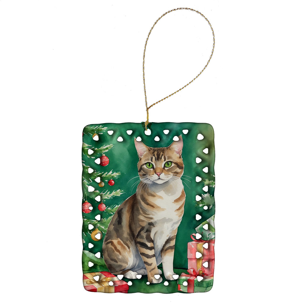 California Spangled Cat By the Christmas Tree Porcelain Ornament Christmas Tree Hanging Decorations for Home Christmas Holiday, Rectangle, Gift, Multicolor