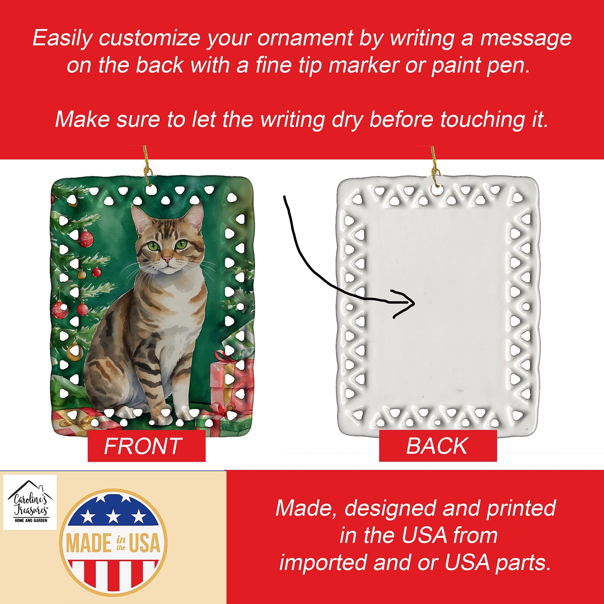 California Spangled Cat By the Christmas Tree Porcelain Ornament Christmas Tree Hanging Decorations for Home Christmas Holiday, Rectangle, Gift, Multicolor