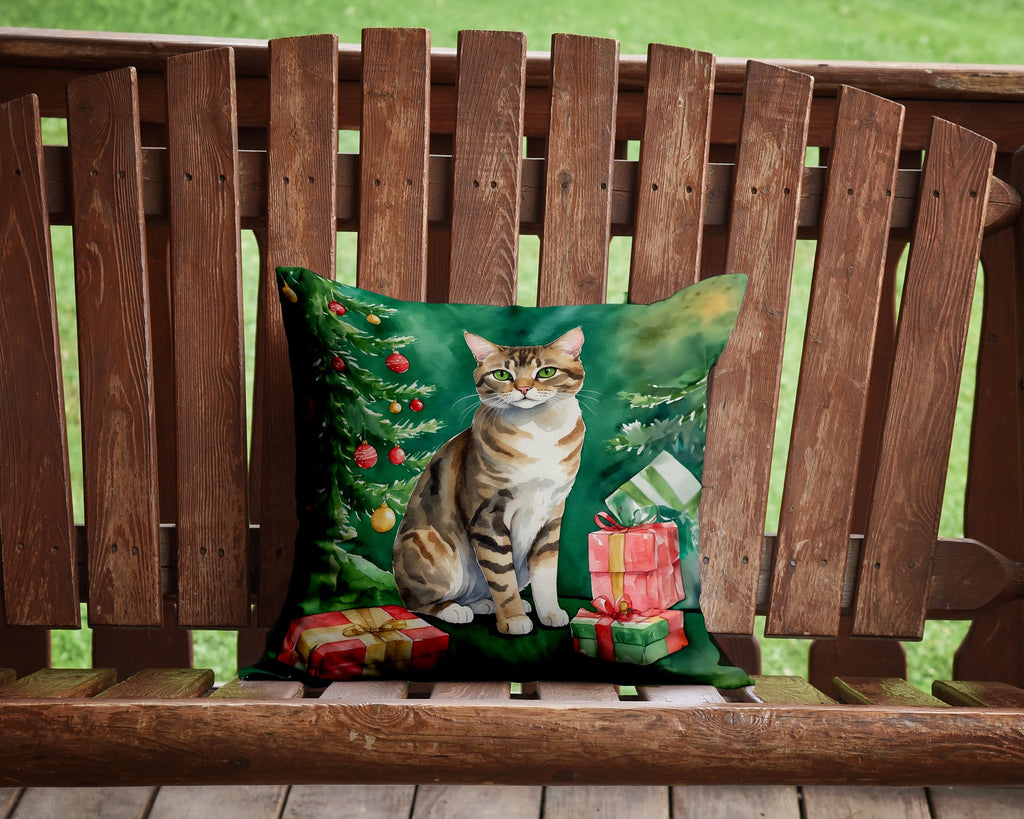 California Spangled Cat By the Christmas Tree Decorative Throw Pillow 14x14 Indoor Outdoor Accent Cushion, Fabric Cover with Insert for Sofa, Bed, Porch & Living Room