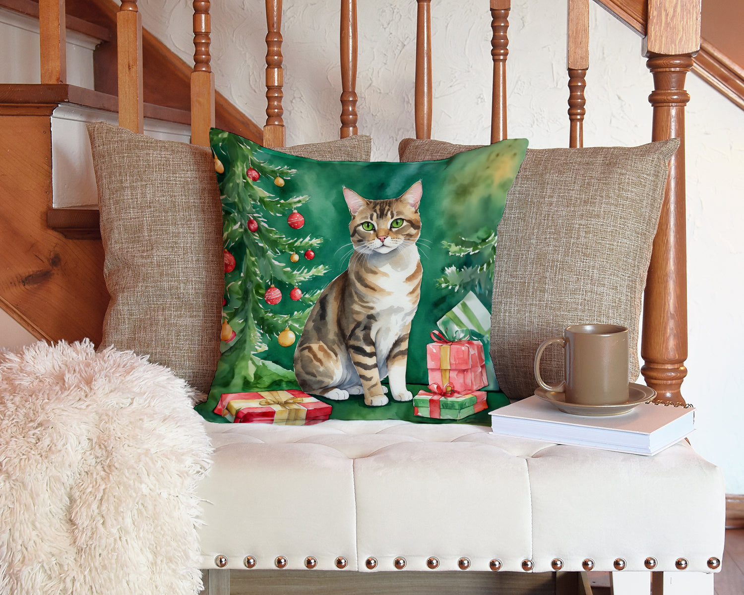 California Spangled Cat By the Christmas Tree Decorative Throw Pillow 14x14 Indoor Outdoor Accent Cushion, Fabric Cover with Insert for Sofa, Bed, Porch & Living Room