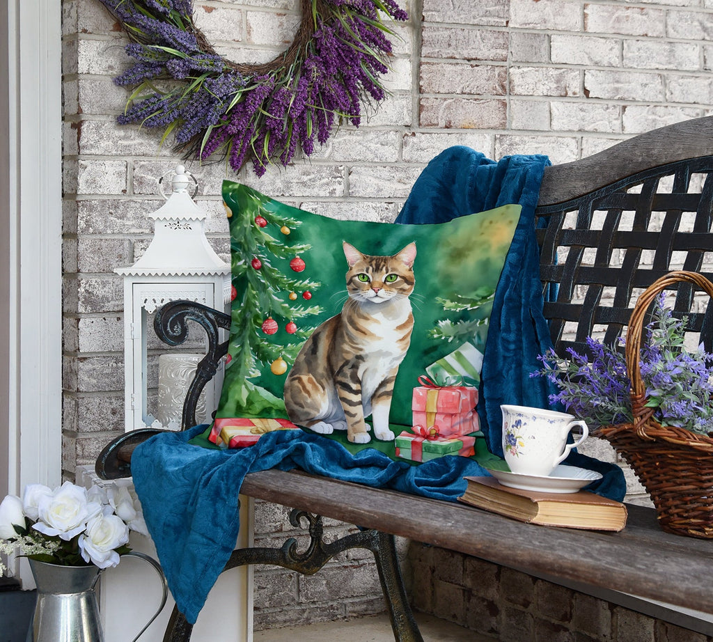 California Spangled Cat By the Christmas Tree Decorative Throw Pillow 18x18 Indoor Outdoor Accent Cushion, Fabric Cover with Insert for Sofa, Bed, Porch & Living Room