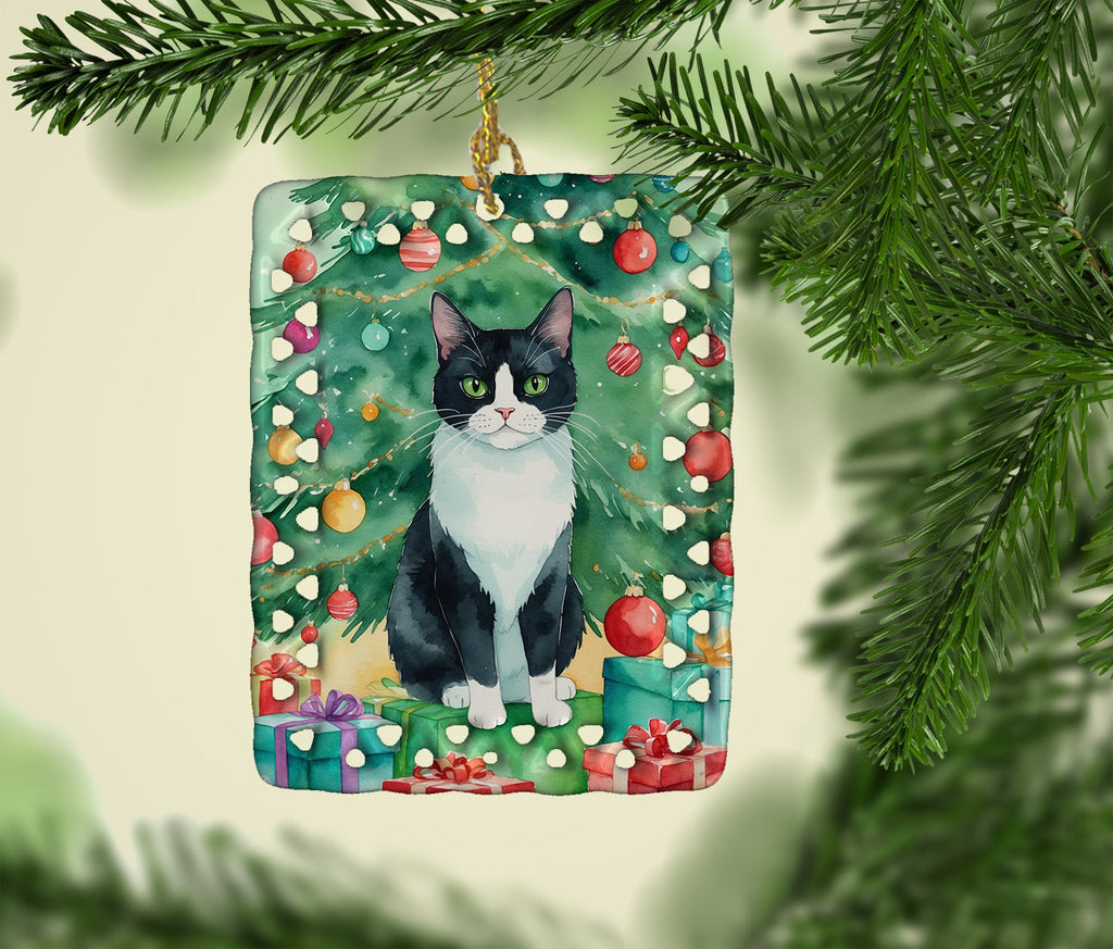 Chantilly Tiffany Cat By the Christmas Tree Porcelain Ornament Christmas Tree Hanging Decorations for Home Christmas Holiday, Rectangle, Gift, Multicolor