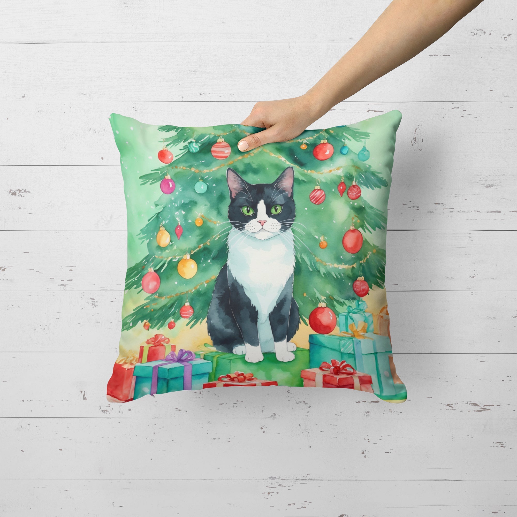 Chantilly Tiffany Cat By the Christmas Tree Decorative Throw Pillow 18x18 Indoor Outdoor Accent Cushion, Fabric Cover with Insert for Sofa, Bed, Porch & Living Room