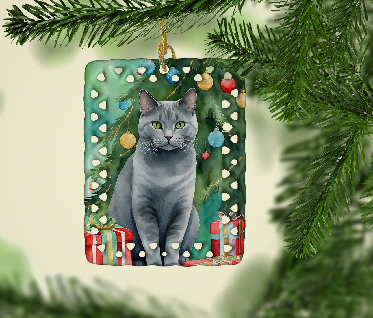 Chartreux Cat By the Christmas Tree Porcelain Ornament Christmas Tree Hanging Decorations for Home Christmas Holiday, Rectangle, Gift, Multicolor