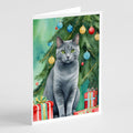 Chartreux Cat By the Christmas Tree Greeting Cards Pack of 8 Blank Cards with Envelopes Whimsical A7 Size 5x7