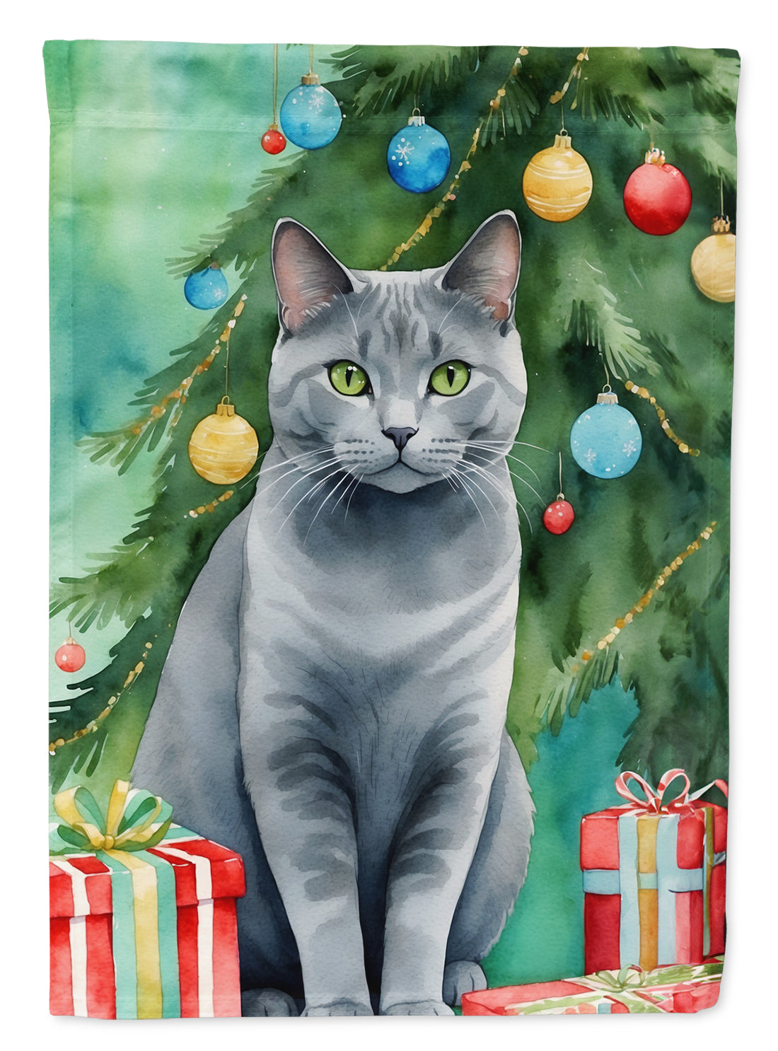 Chartreux Cat By the Christmas Tree Garden Flag Mailbox Decorative Yard Banner Outside Patio Artwork for Flower Beds, Garden Size, Multicolor