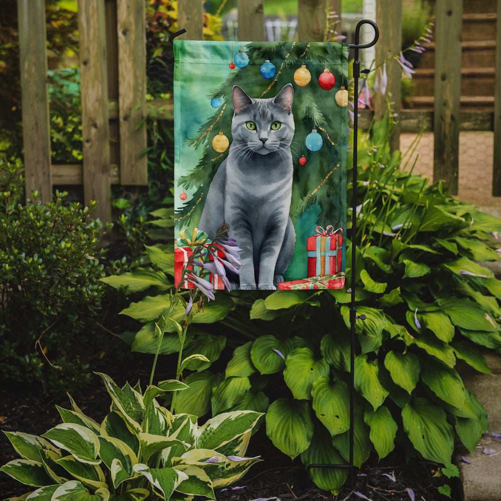 Chartreux Cat By the Christmas Tree Garden Flag Mailbox Decorative Yard Banner Outside Patio Artwork for Flower Beds, Garden Size, Multicolor