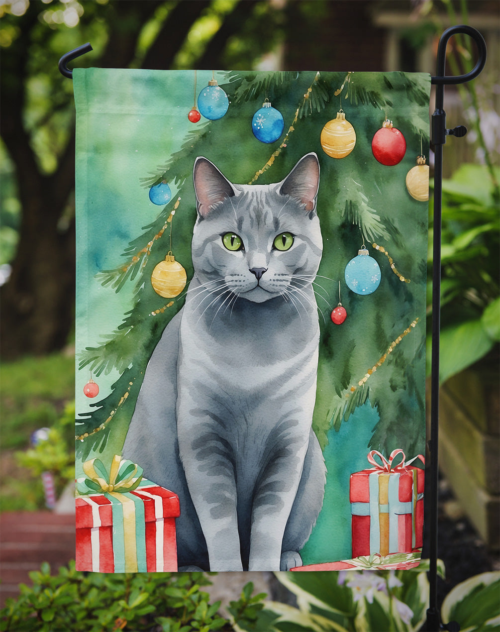 Chartreux Cat By the Christmas Tree Garden Flag Mailbox Decorative Yard Banner Outside Patio Artwork for Flower Beds, Garden Size, Multicolor