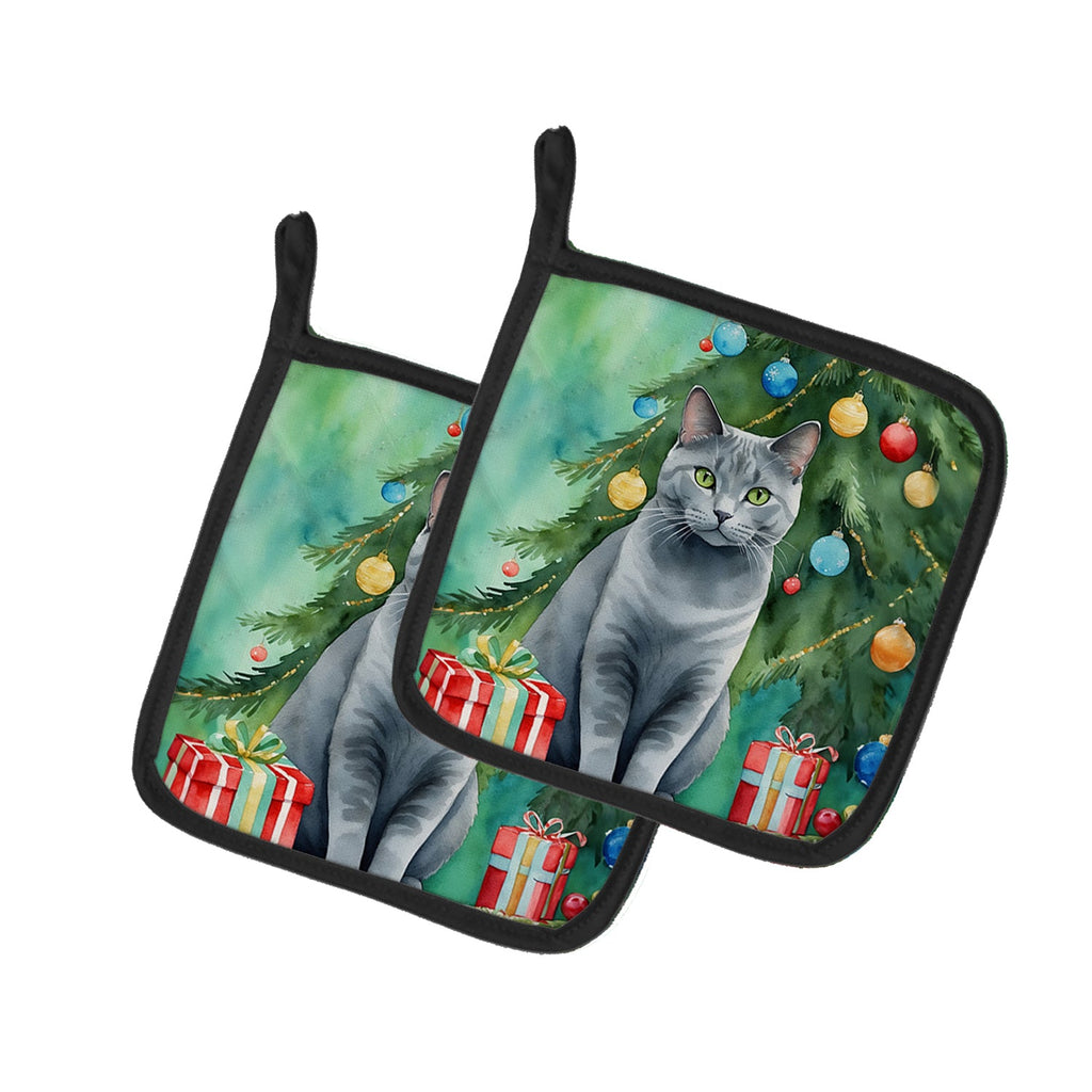Chartreux Cat By the Christmas Tree Pot Holder Set of 2 Heat Resistant Quilted Hot Pads 7.5 x 7.5 Inch, Insulated Kitchen Trivets for Cooking & Baking