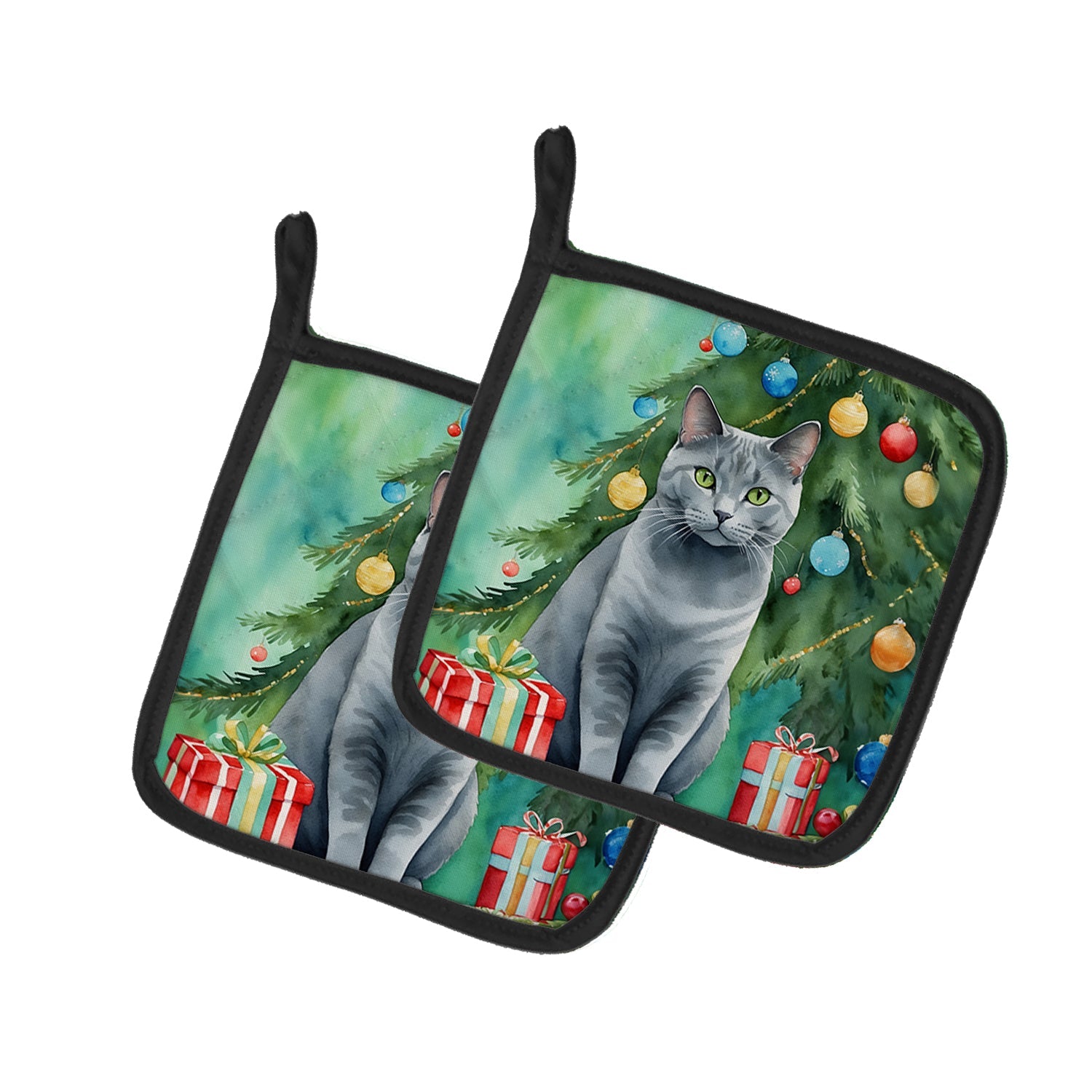 Chartreux Cat By the Christmas Tree Pot Holder Set of 2 Heat Resistant Quilted Hot Pads 7.5 x 7.5 Inch, Insulated Kitchen Trivets for Cooking & Baking
