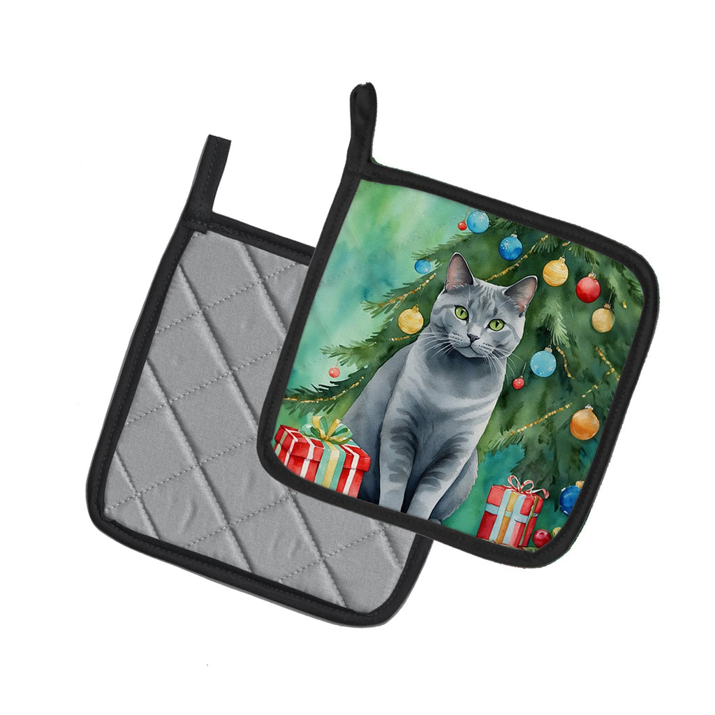 Chartreux Cat By the Christmas Tree Pot Holder Set of 2 Heat Resistant Quilted Hot Pads 7.5 x 7.5 Inch, Insulated Kitchen Trivets for Cooking & Baking
