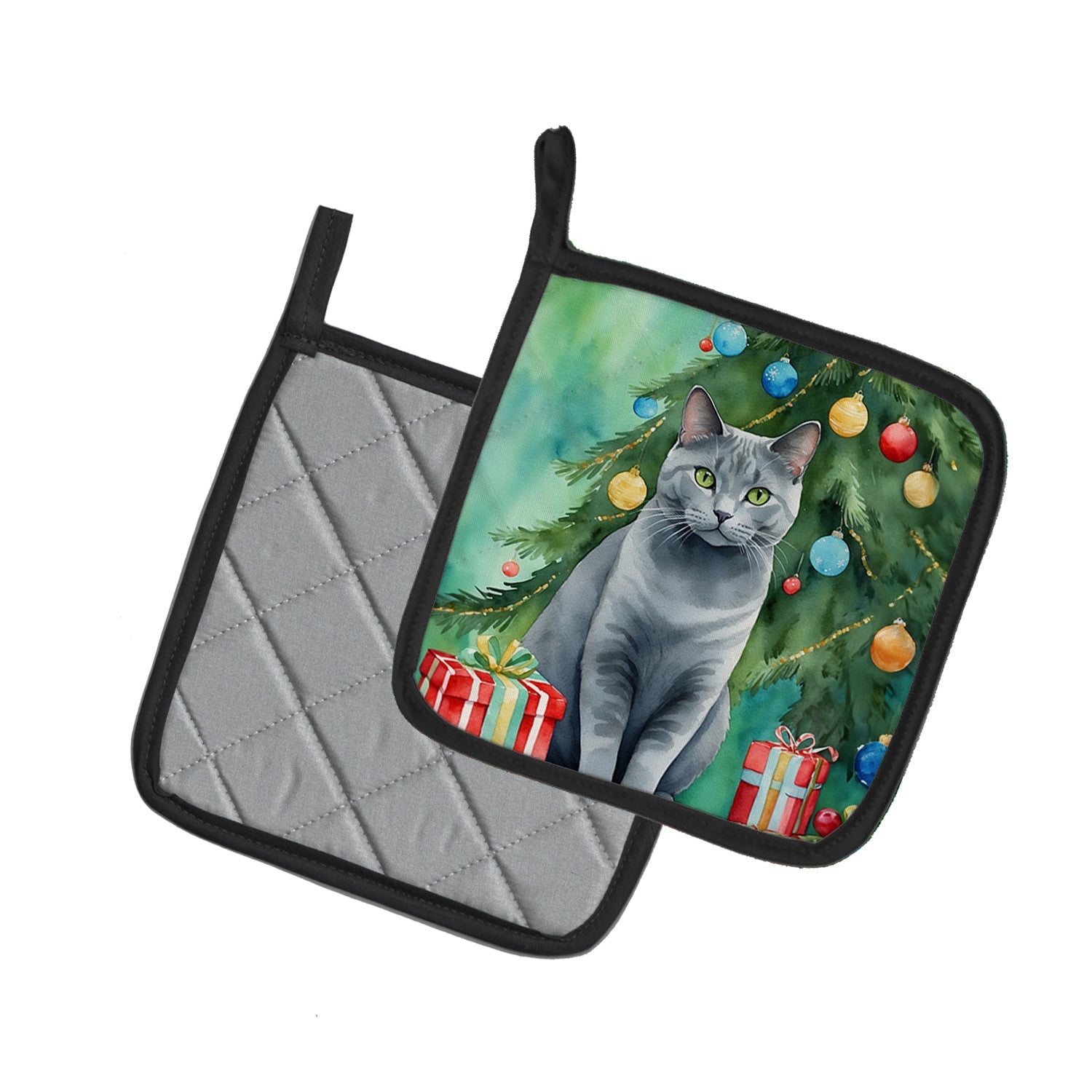 Chartreux Cat By the Christmas Tree Pot Holder Set of 2 Heat Resistant Quilted Hot Pads 7.5 x 7.5 Inch, Insulated Kitchen Trivets for Cooking & Baking