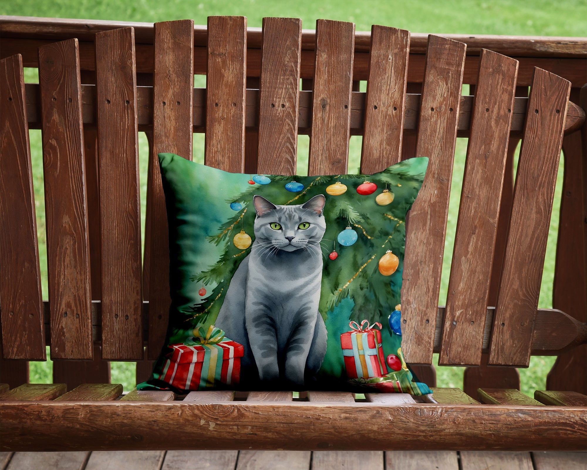 Chartreux Cat By the Christmas Tree Decorative Throw Pillow 14x14 Indoor Outdoor Accent Cushion, Fabric Cover with Insert for Sofa, Bed, Porch & Living Room