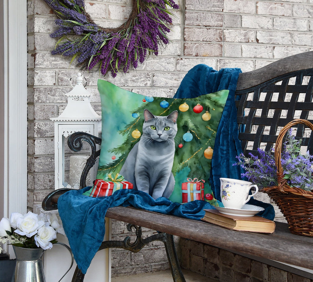 Chartreux Cat By the Christmas Tree Decorative Throw Pillow 18x18 Indoor Outdoor Accent Cushion, Fabric Cover with Insert for Sofa, Bed, Porch & Living Room