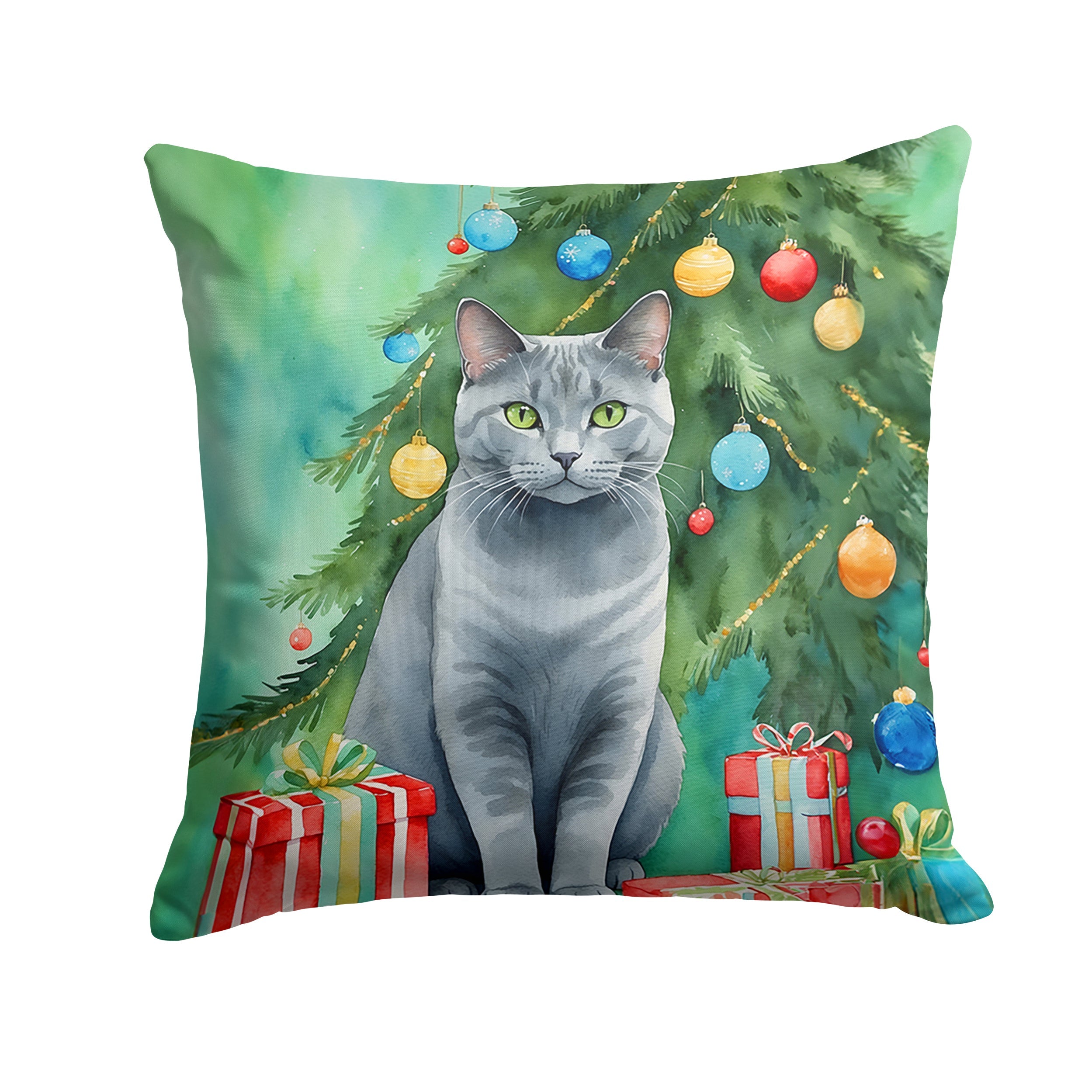 Chartreux Cat By the Christmas Tree Decorative Throw Pillow 18x18 Indoor Outdoor Accent Cushion, Fabric Cover with Insert for Sofa, Bed, Porch & Living Room