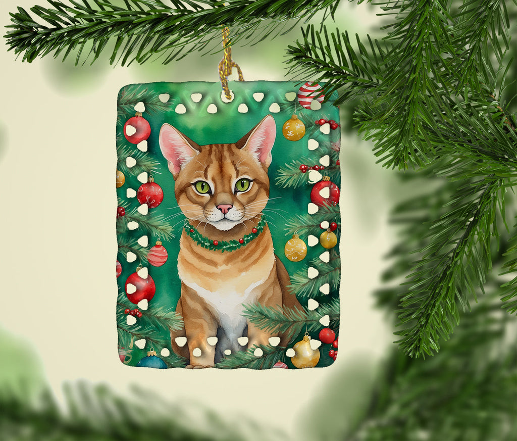 Chausie Cat By the Christmas Tree Porcelain Ornament Christmas Tree Hanging Decorations for Home Christmas Holiday, Rectangle, Gift, Multicolor