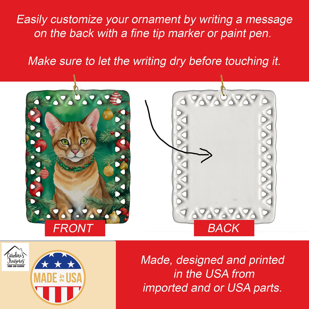 Chausie Cat By the Christmas Tree Porcelain Ornament Christmas Tree Hanging Decorations for Home Christmas Holiday, Rectangle, Gift, Multicolor