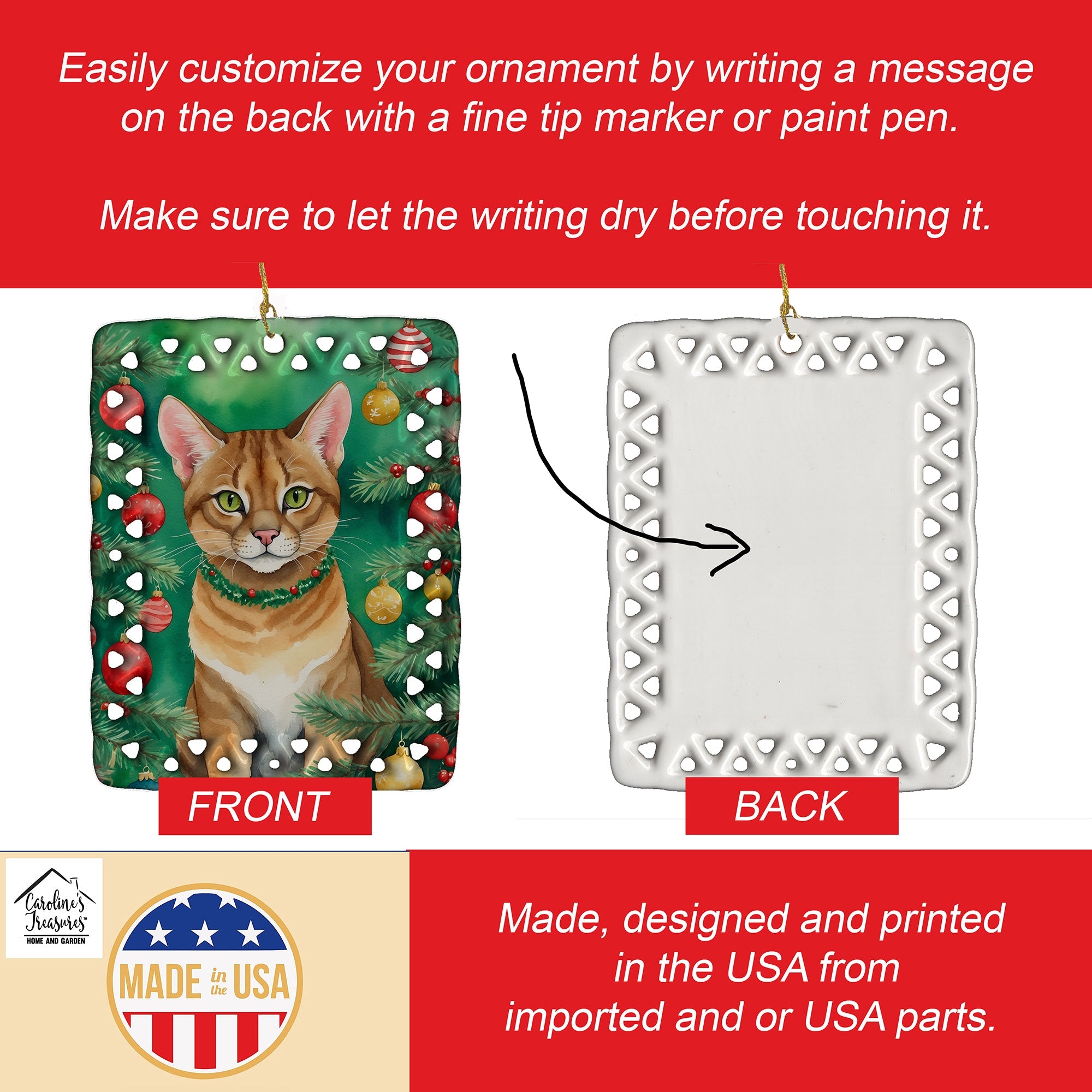 Chausie Cat By the Christmas Tree Porcelain Ornament Christmas Tree Hanging Decorations for Home Christmas Holiday, Rectangle, Gift, Multicolor