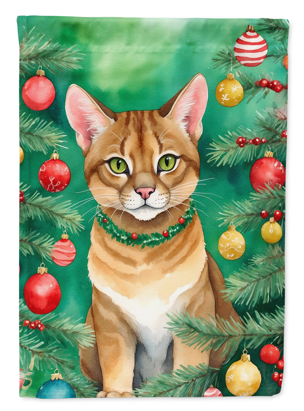 Chausie Cat By the Christmas Tree Garden Flag Mailbox Decorative Yard Banner Outside Patio Artwork for Flower Beds, Garden Size, Multicolor