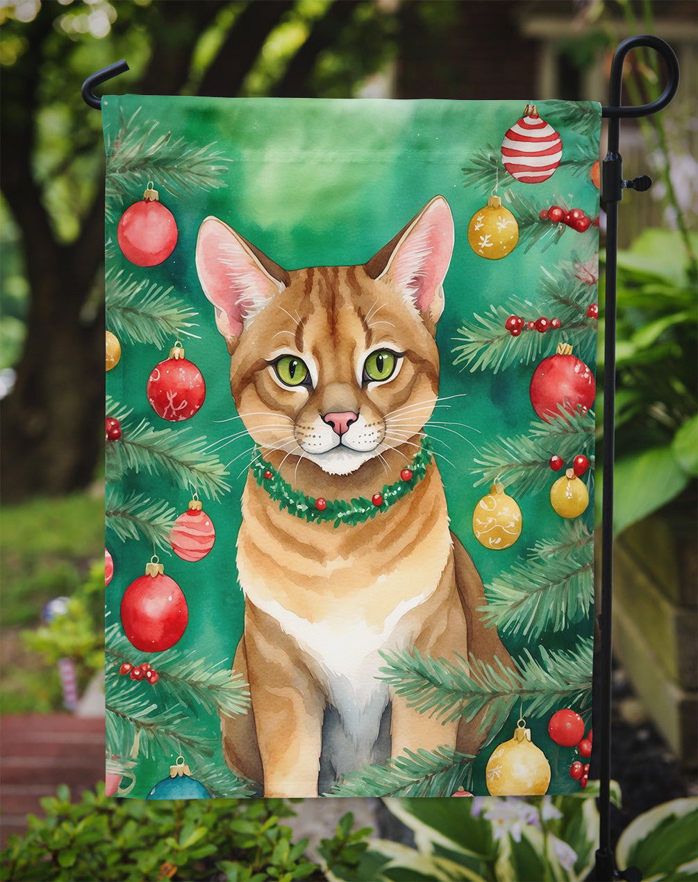 Chausie Cat By the Christmas Tree Garden Flag Mailbox Decorative Yard Banner Outside Patio Artwork for Flower Beds, Garden Size, Multicolor