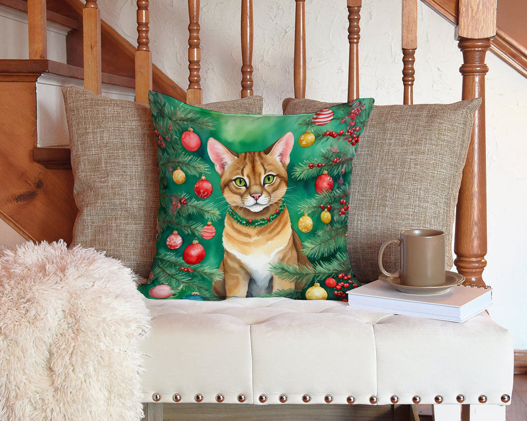 Chausie Cat By the Christmas Tree Decorative Throw Pillow 14x14 Indoor Outdoor Accent Cushion, Fabric Cover with Insert for Sofa, Bed, Porch & Living Room