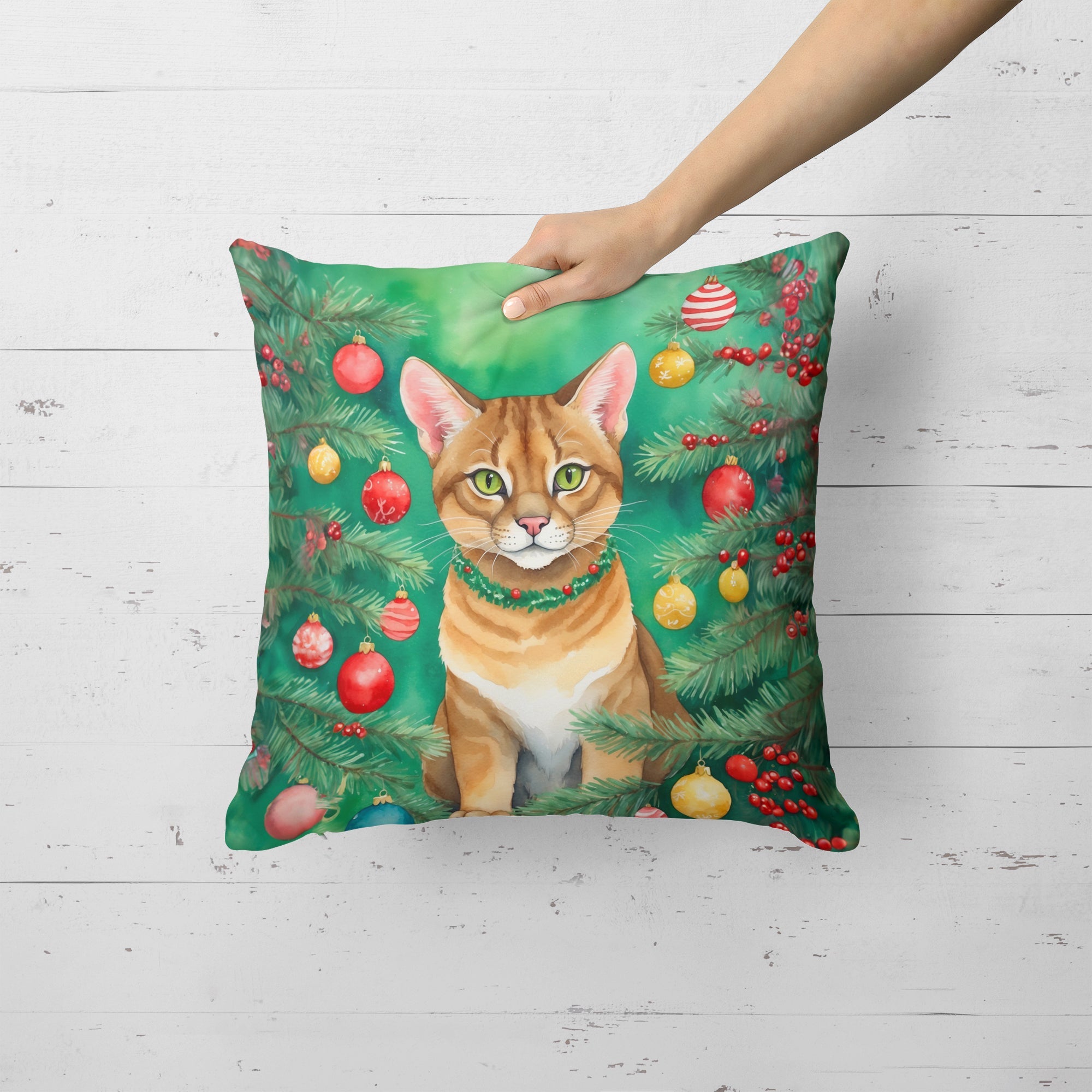 Chausie Cat By the Christmas Tree Decorative Throw Pillow 18x18 Indoor Outdoor Accent Cushion, Fabric Cover with Insert for Sofa, Bed, Porch & Living Room