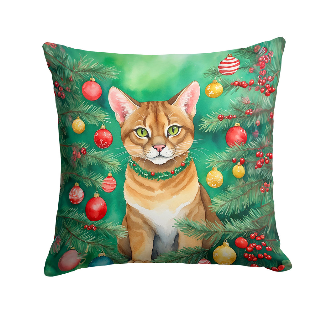 Chausie Cat By the Christmas Tree Decorative Throw Pillow 18x18 Indoor Outdoor Accent Cushion, Fabric Cover with Insert for Sofa, Bed, Porch & Living Room