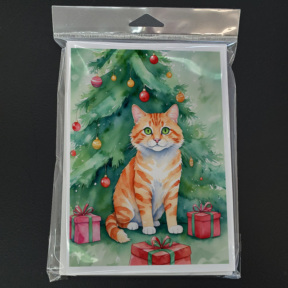 Cheetoh Cat By the Christmas Tree Greeting Cards Pack of 8 Blank Cards with Envelopes Whimsical A7 Size 5x7