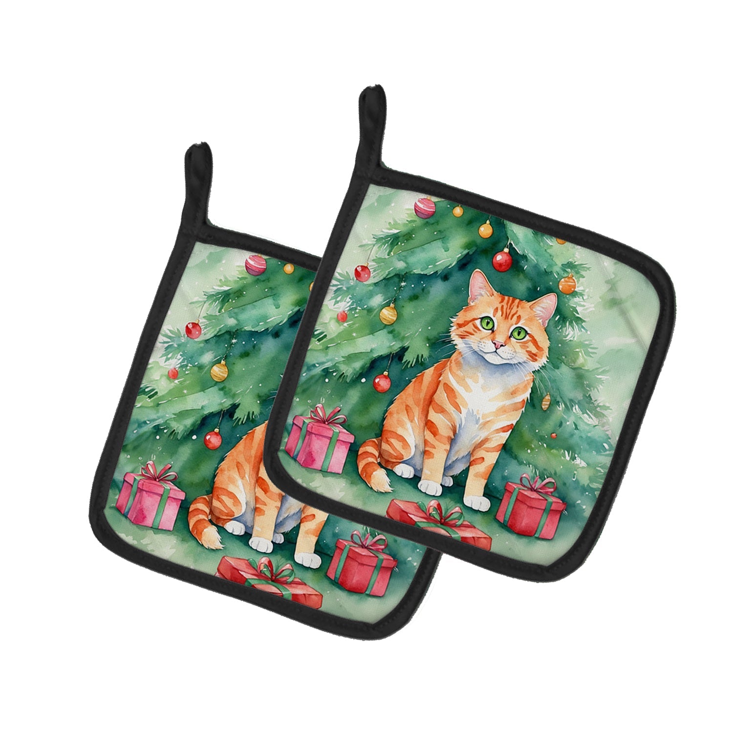Cheetoh Cat By the Christmas Tree Pot Holder Set of 2 Heat Resistant Quilted Hot Pads 7.5 x 7.5 Inch, Insulated Kitchen Trivets for Cooking & Baking