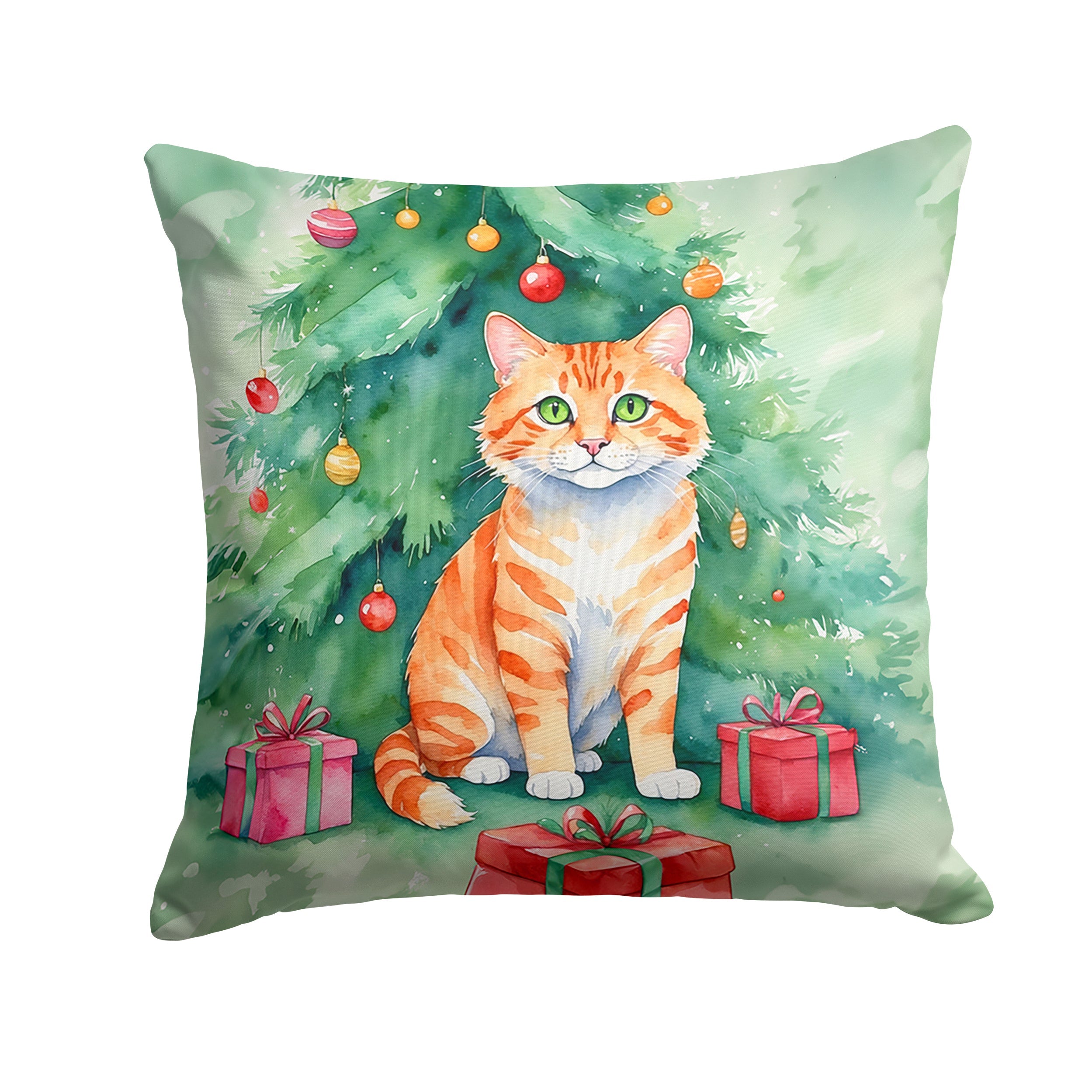 Cheetoh Cat By the Christmas Tree Decorative Throw Pillow 14x14 Indoor Outdoor Accent Cushion, Fabric Cover with Insert for Sofa, Bed, Porch & Living Room