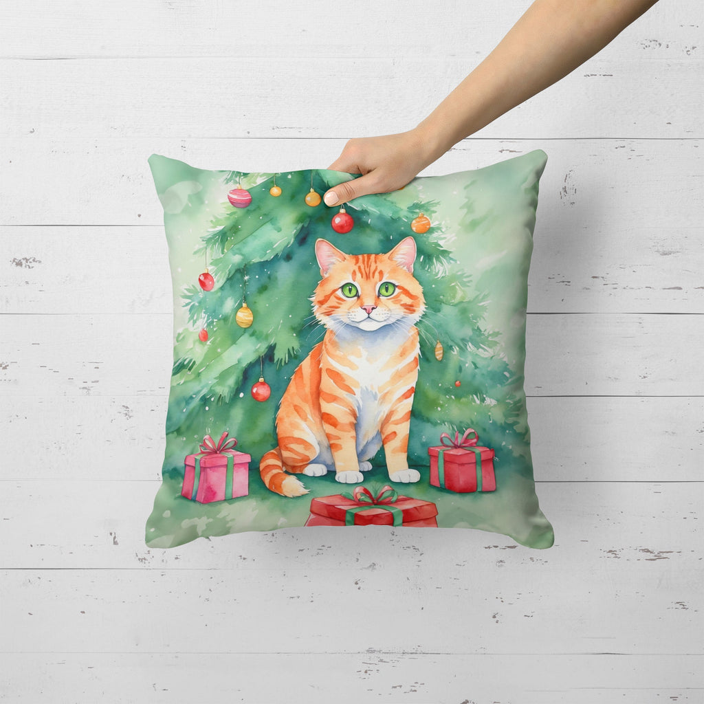 Cheetoh Cat By the Christmas Tree Decorative Throw Pillow 18x18 Indoor Outdoor Accent Cushion, Fabric Cover with Insert for Sofa, Bed, Porch & Living Room