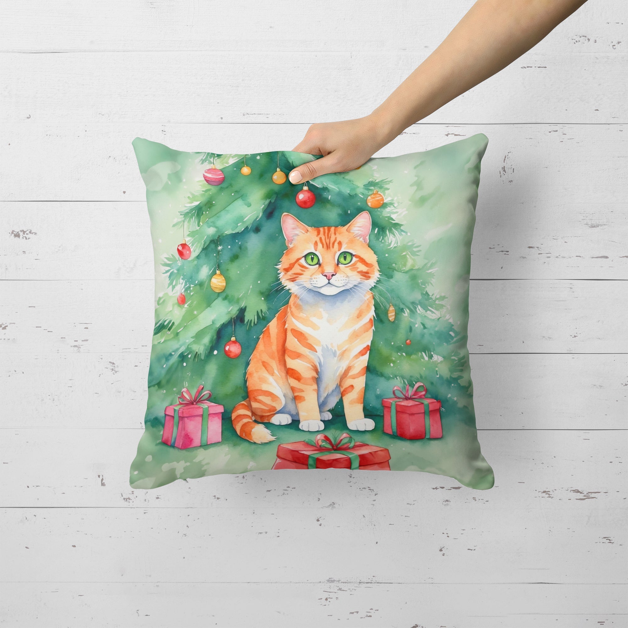 Cheetoh Cat By the Christmas Tree Decorative Throw Pillow 18x18 Indoor Outdoor Accent Cushion, Fabric Cover with Insert for Sofa, Bed, Porch & Living Room