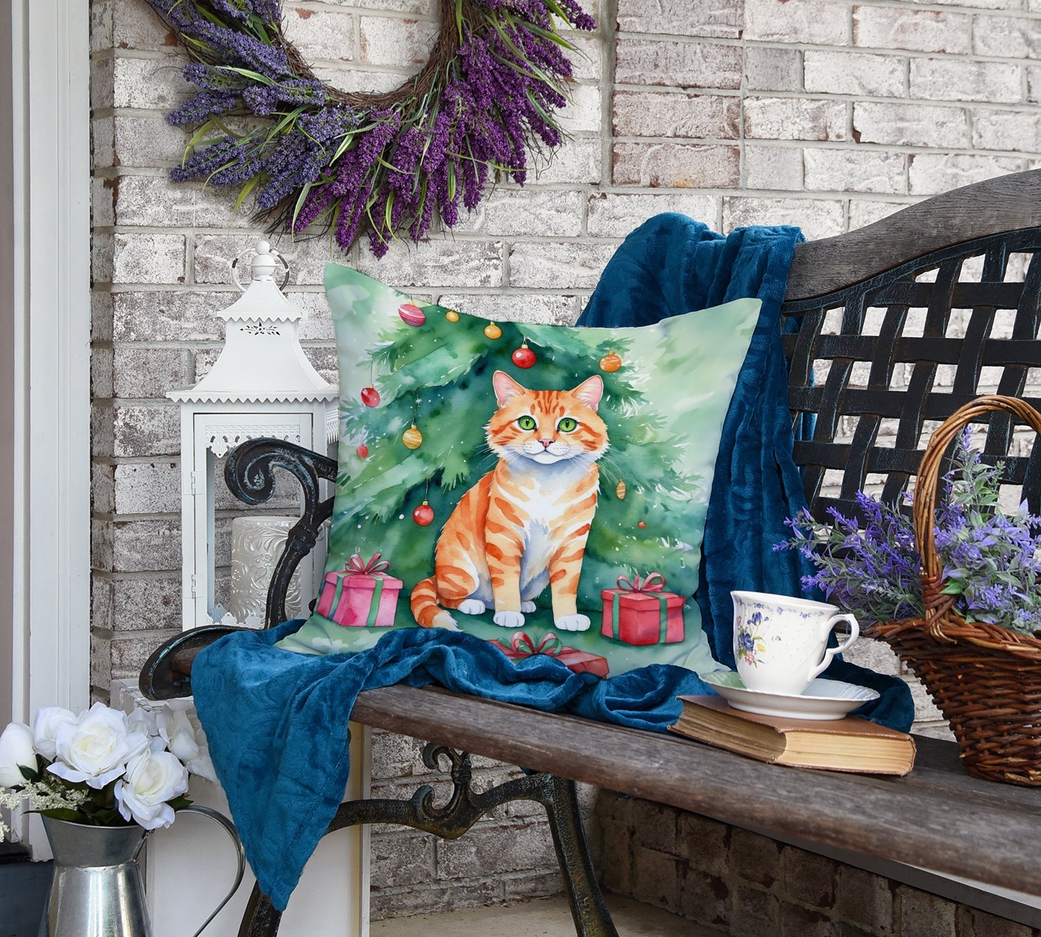Cheetoh Cat By the Christmas Tree Decorative Throw Pillow 18x18 Indoor Outdoor Accent Cushion, Fabric Cover with Insert for Sofa, Bed, Porch & Living Room