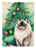 Colorpoint Longhair Cat By the Christmas Tree House Flag 28x40 Porch Sleeve Pole Decorative Outside Yard Banner Artwork Wall Hanging, Polyester