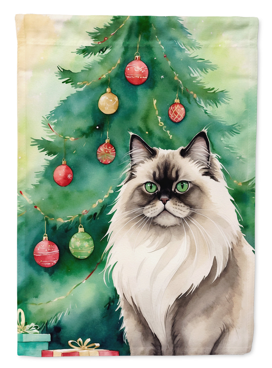 Colorpoint Longhair Cat By the Christmas Tree House Flag 28x40 Porch Sleeve Pole Decorative Outside Yard Banner Artwork Wall Hanging, Polyester