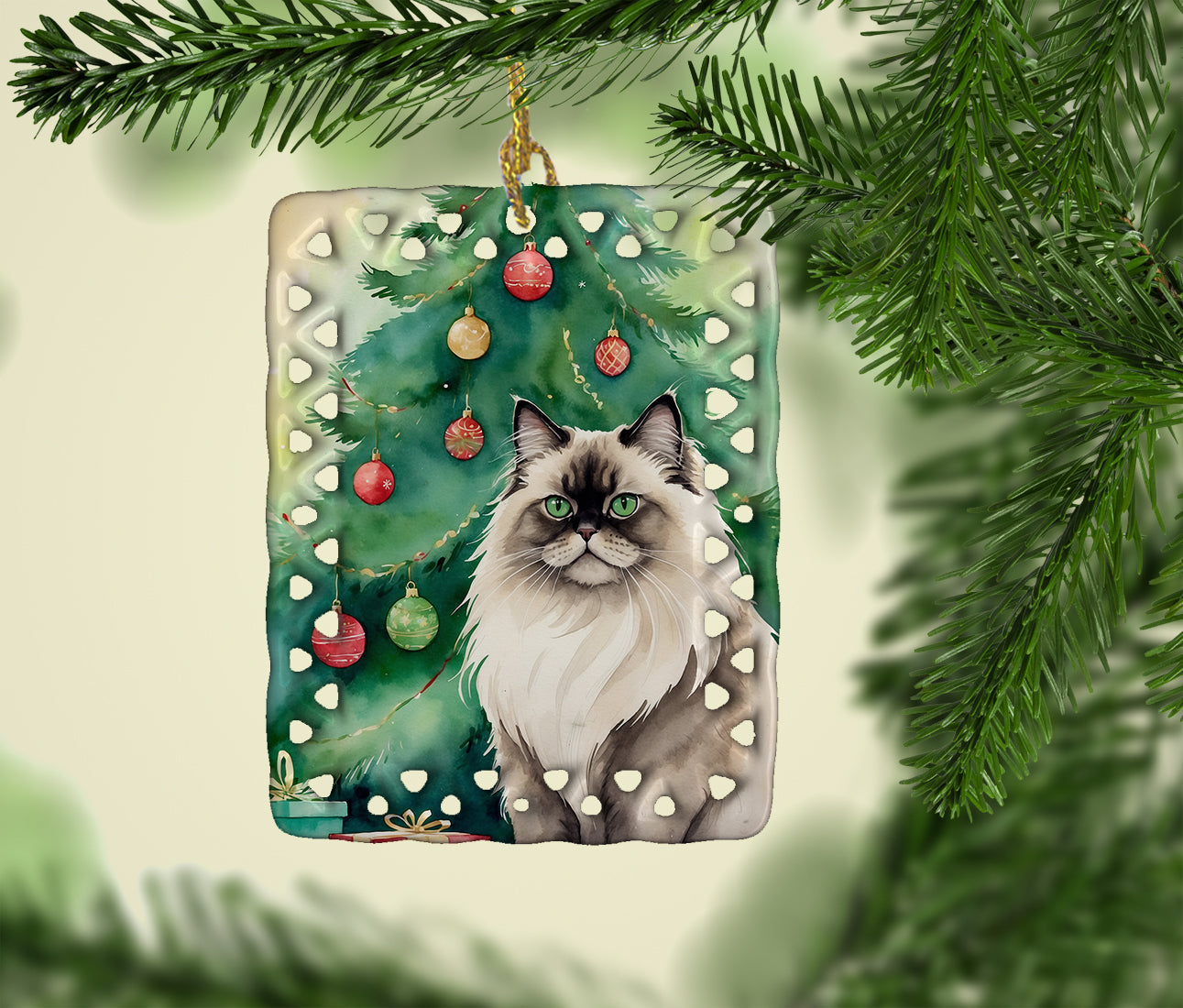 Colorpoint Longhair Cat By the Christmas Tree Porcelain Ornament Christmas Tree Hanging Decorations for Home Christmas Holiday, Rectangle, Gift, Multicolor