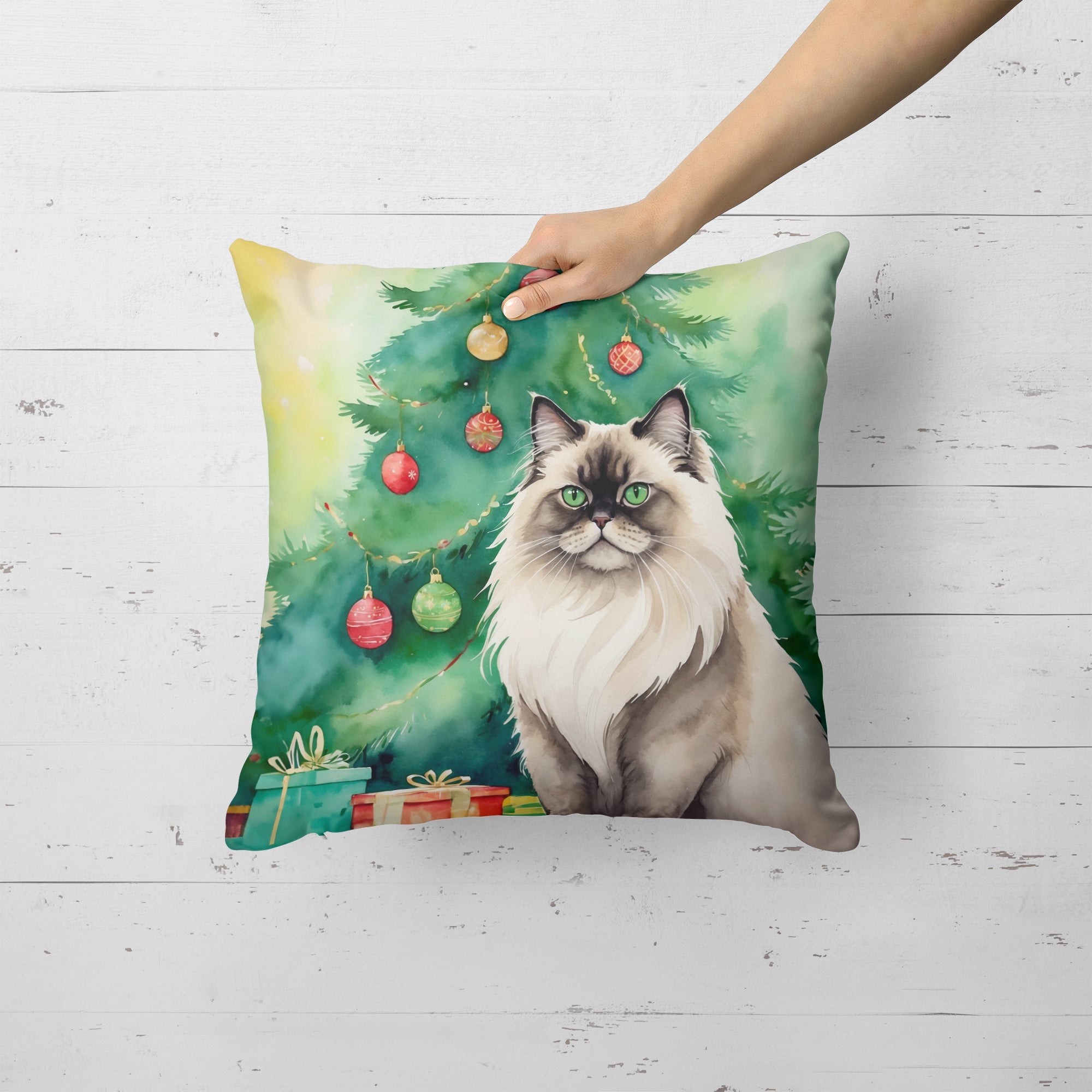 Colorpoint Longhair Cat By the Christmas Tree Decorative Throw Pillow 18x18 Indoor Outdoor Accent Cushion, Fabric Cover with Insert for Sofa, Bed, Porch & Living Room