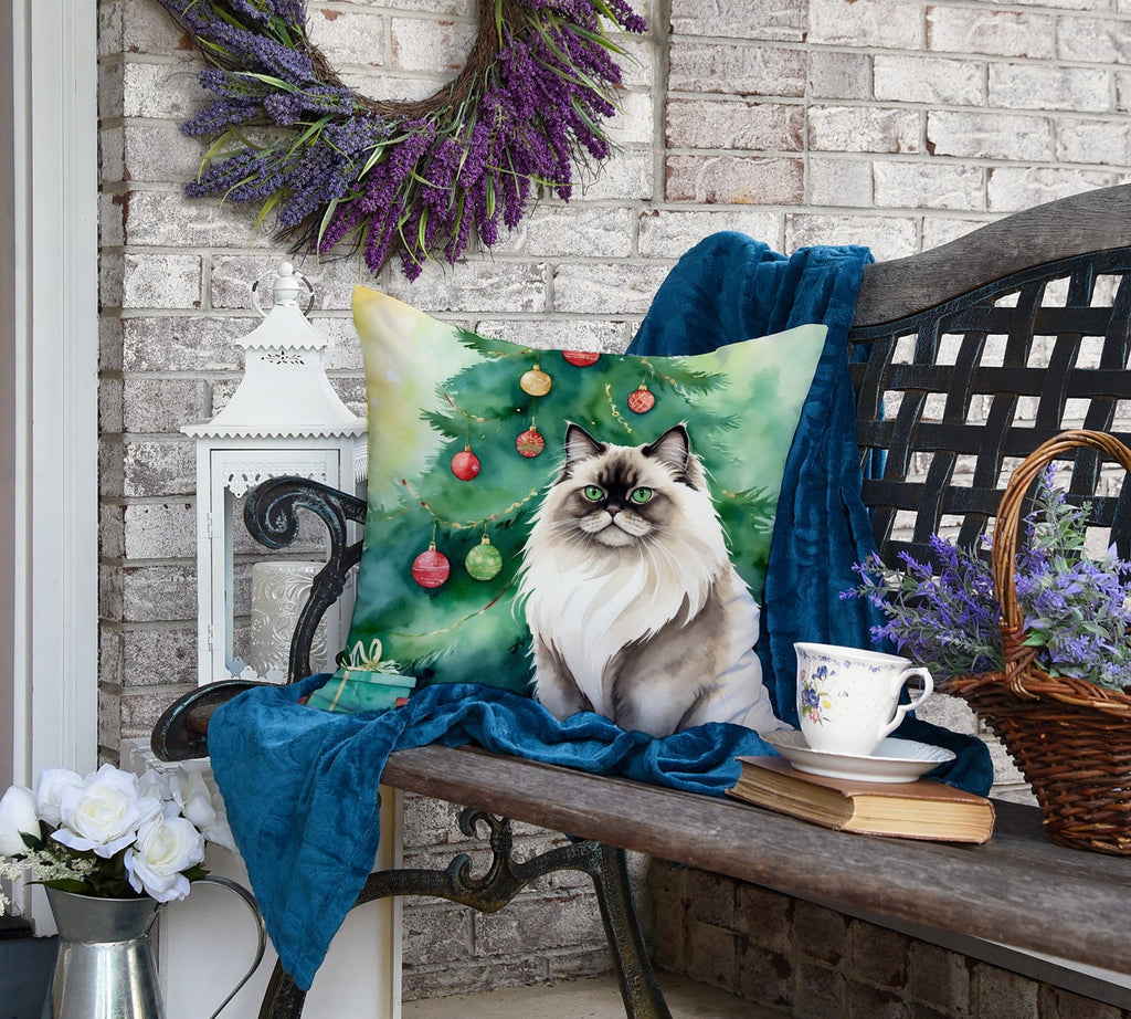 Colorpoint Longhair Cat By the Christmas Tree Decorative Throw Pillow 18x18 Indoor Outdoor Accent Cushion, Fabric Cover with Insert for Sofa, Bed, Porch & Living Room
