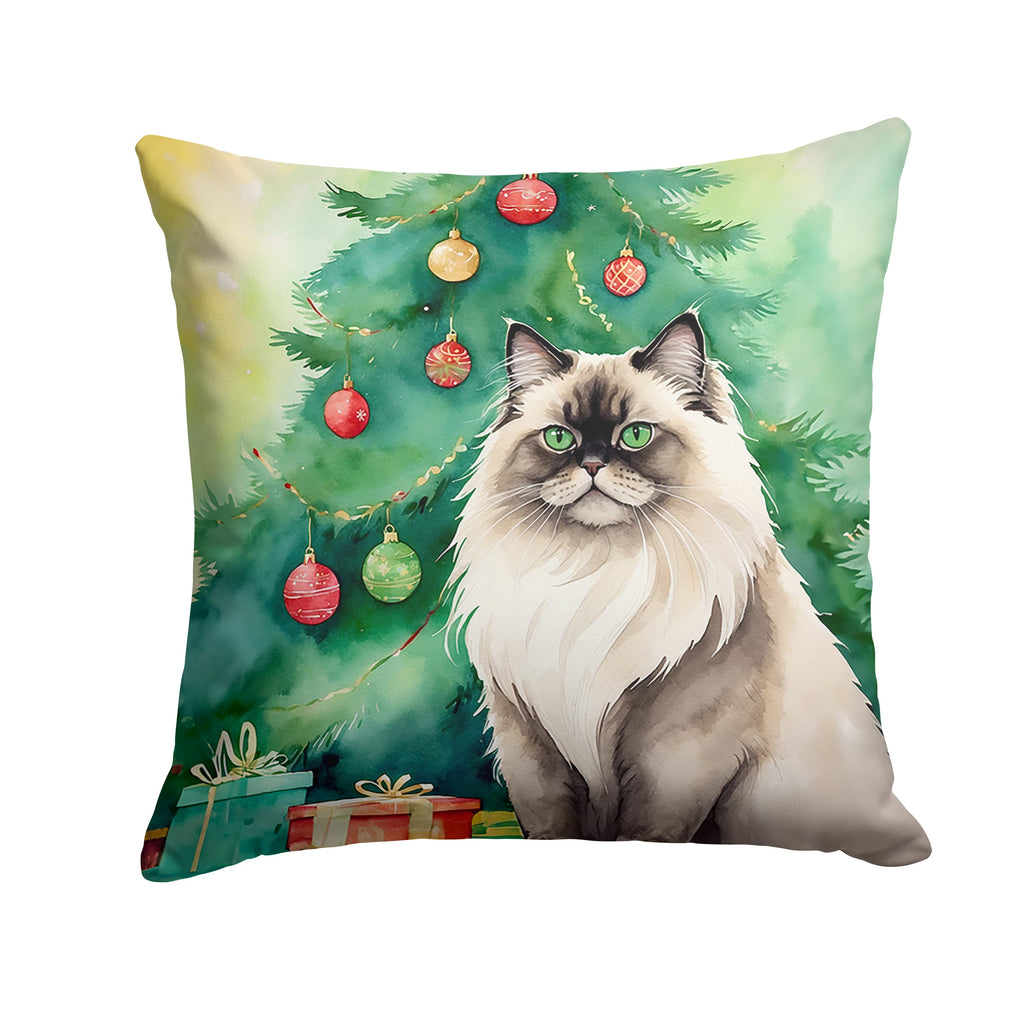Colorpoint Longhair Cat By the Christmas Tree Decorative Throw Pillow 18x18 Indoor Outdoor Accent Cushion, Fabric Cover with Insert for Sofa, Bed, Porch & Living Room