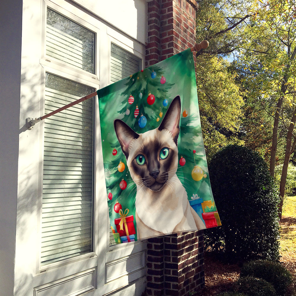 Colorpoint Shorthair Cat By the Christmas Tree House Flag 28x40 Porch Sleeve Pole Decorative Outside Yard Banner Artwork Wall Hanging, Polyester