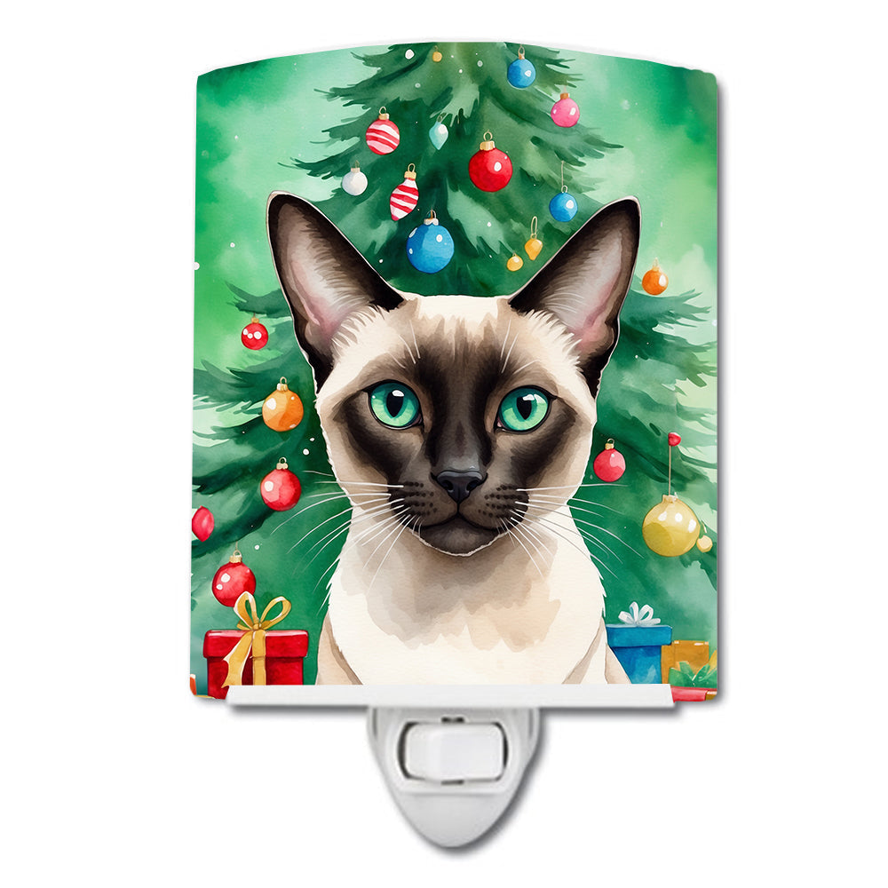 Colorpoint Shorthair Cat By the Christmas Tree Ceramic Night Light Compact, UL-Certified, Ideal for Bedroom, Bathroom, Nursery, Hallway, Kitchen, 6x4x3, Multicolor