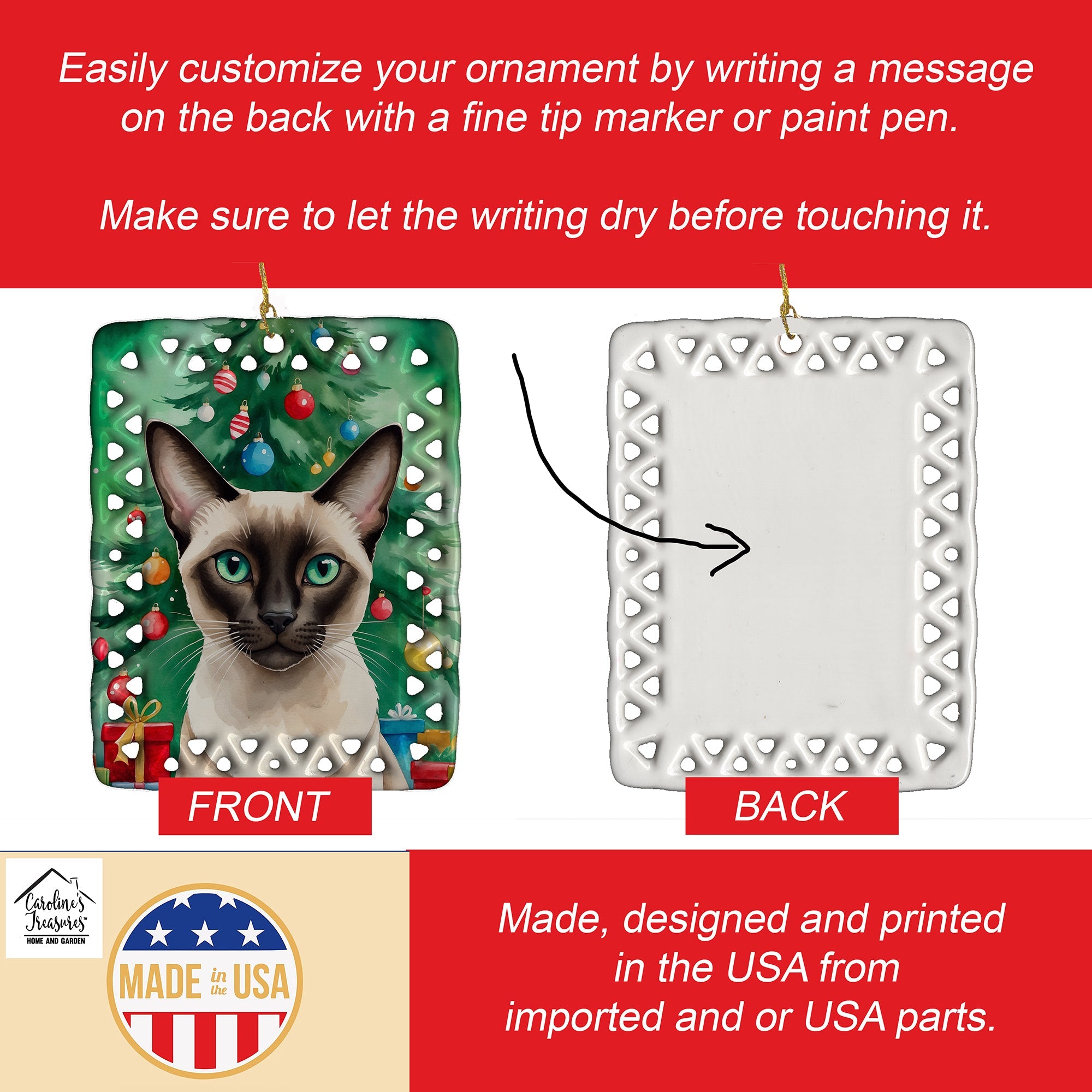 Colorpoint Shorthair Cat By the Christmas Tree Porcelain Ornament Christmas Tree Hanging Decorations for Home Christmas Holiday, Rectangle, Gift, Multicolor