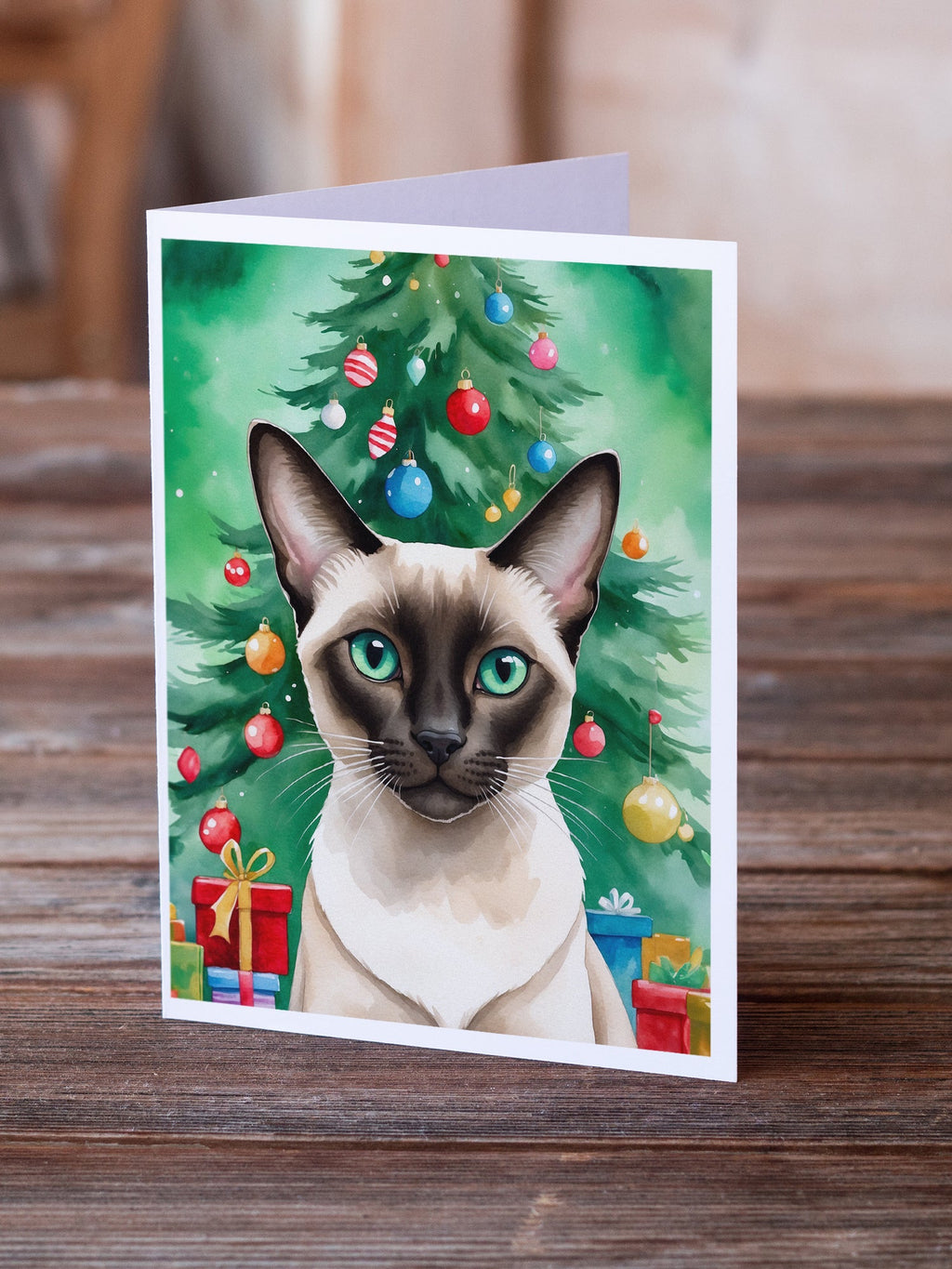 Colorpoint Shorthair Cat By the Christmas Tree Greeting Cards Pack of 8 Blank Cards with Envelopes Whimsical A7 Size 5x7