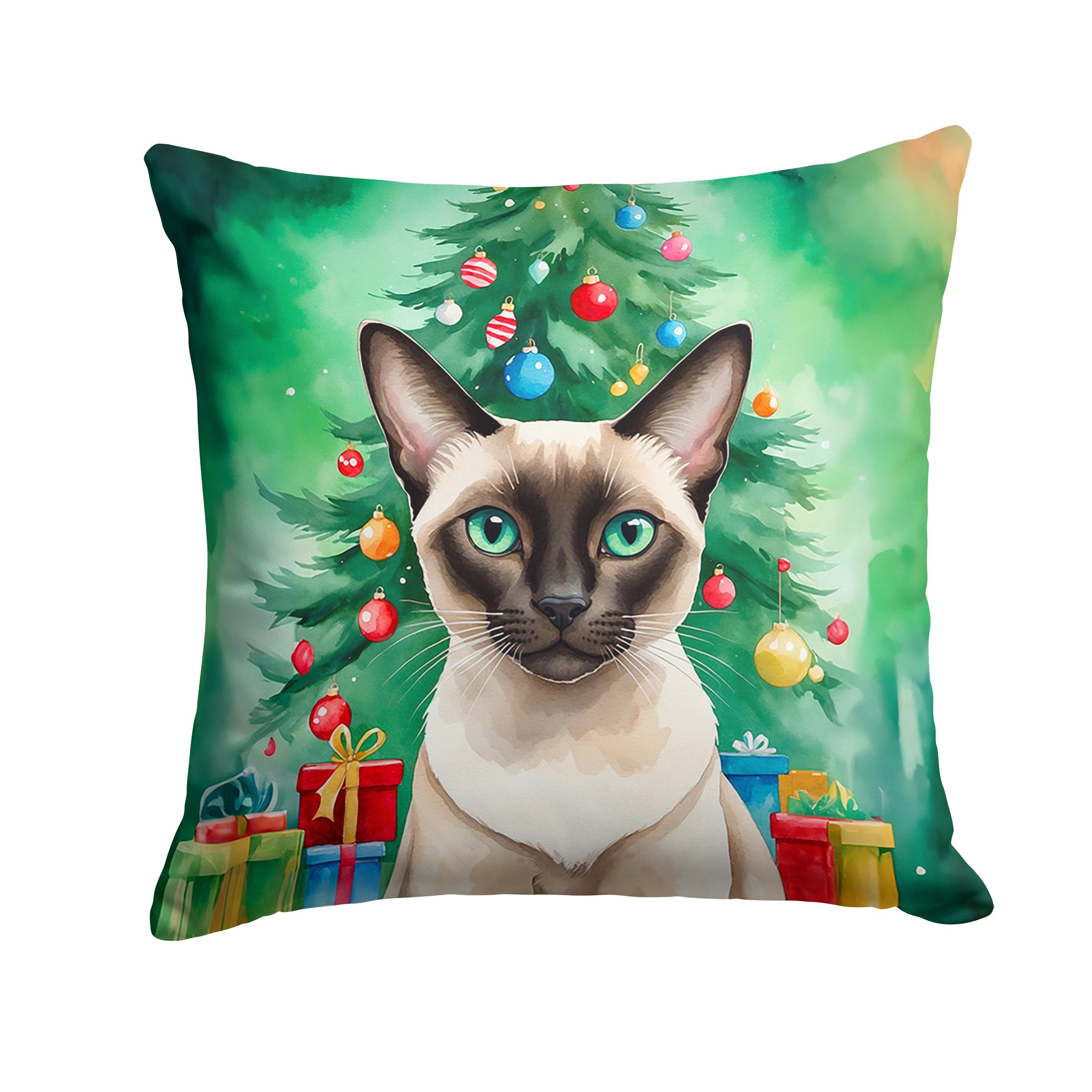 Colorpoint Shorthair Cat By the Christmas Tree Decorative Throw Pillow 18x18 Indoor Outdoor Accent Cushion, Fabric Cover with Insert for Sofa, Bed, Porch & Living Room