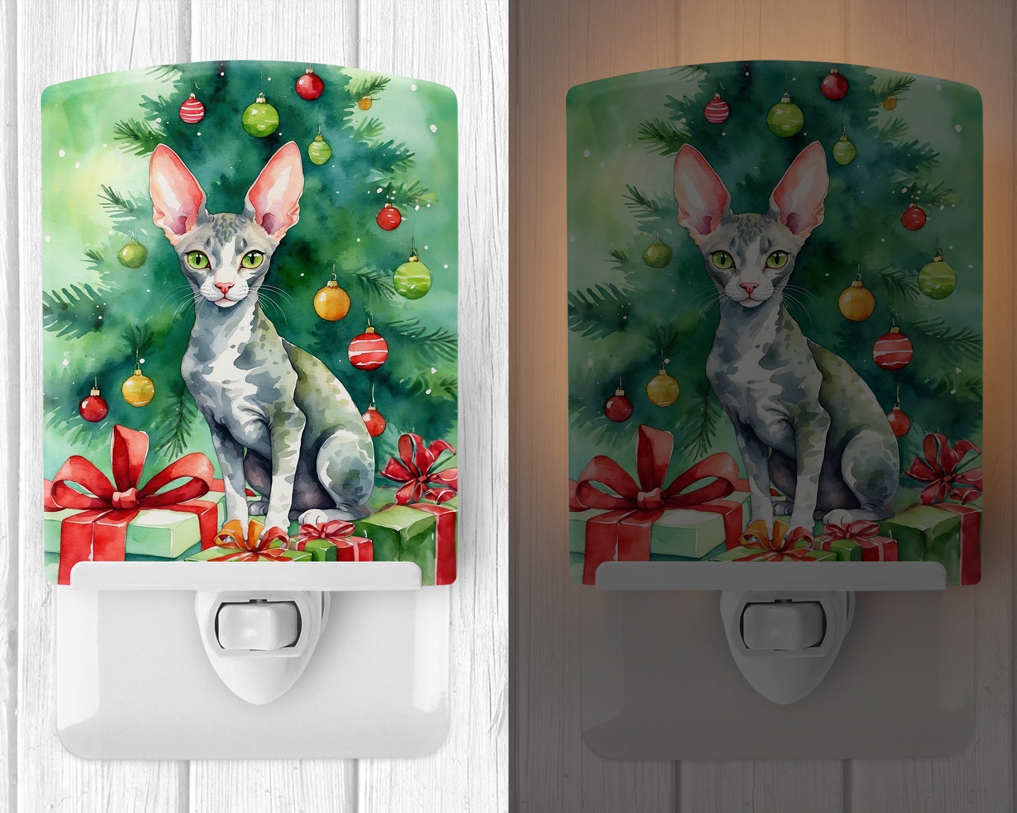 Cornish Rex Cat By the Christmas Tree Ceramic Night Light Compact, UL-Certified, Ideal for Bedroom, Bathroom, Nursery, Hallway, Kitchen, 6x4x3, Multicolor