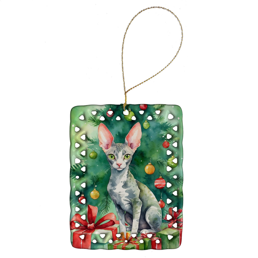 Cornish Rex Cat By the Christmas Tree Porcelain Ornament Christmas Tree Hanging Decorations for Home Christmas Holiday, Rectangle, Gift, Multicolor