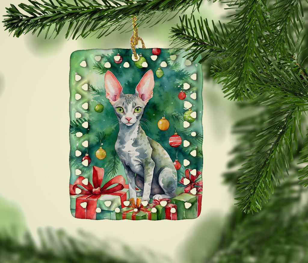 Cornish Rex Cat By the Christmas Tree Porcelain Ornament Christmas Tree Hanging Decorations for Home Christmas Holiday, Rectangle, Gift, Multicolor