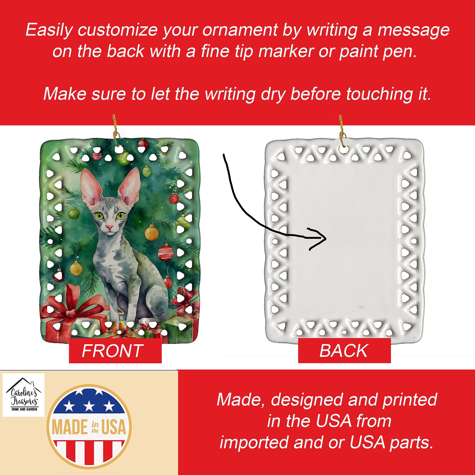 Cornish Rex Cat By the Christmas Tree Porcelain Ornament Christmas Tree Hanging Decorations for Home Christmas Holiday, Rectangle, Gift, Multicolor