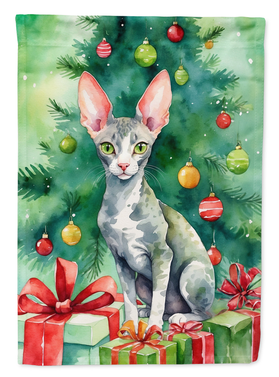 Cornish Rex Cat By the Christmas Tree Garden Flag Mailbox Decorative Yard Banner Outside Patio Artwork for Flower Beds, Garden Size, Multicolor